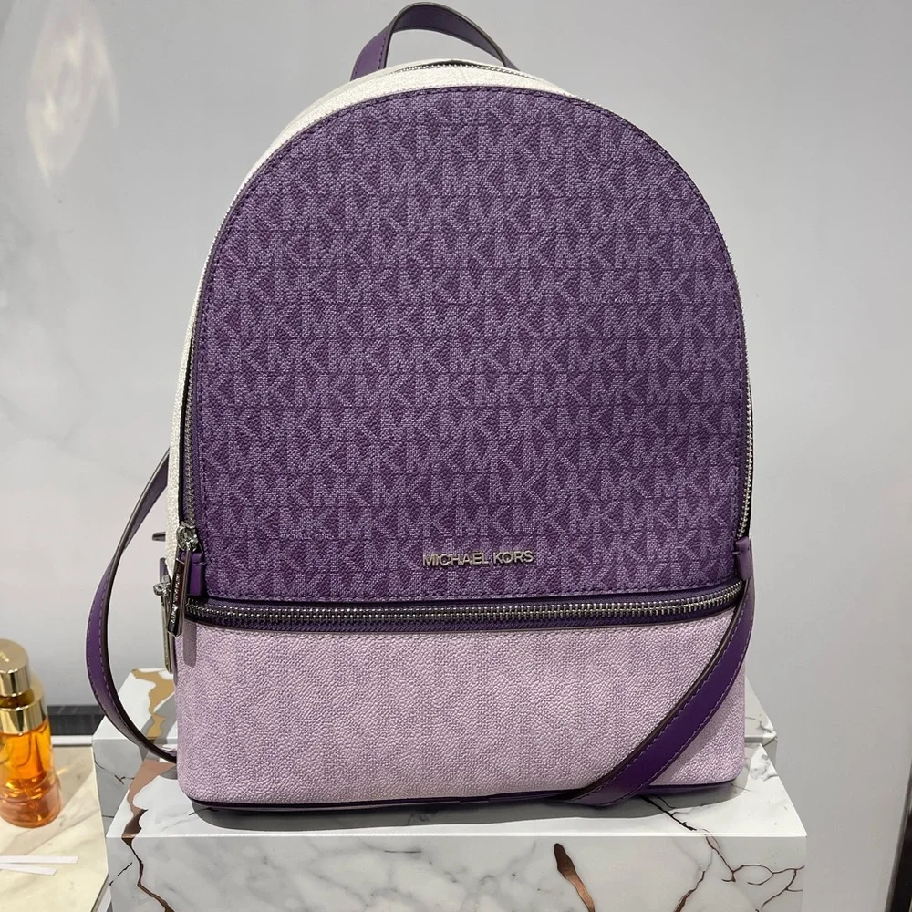 MICHAEL KORS Rhea Md Zip Color-Block Signature Logo Backpack Dark Purple MLT NWT